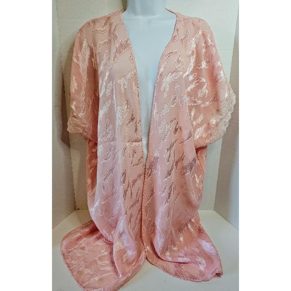VTG Val Mode Kimono Peach Jacquard Floral Lace Trim Size Unknown Open Front